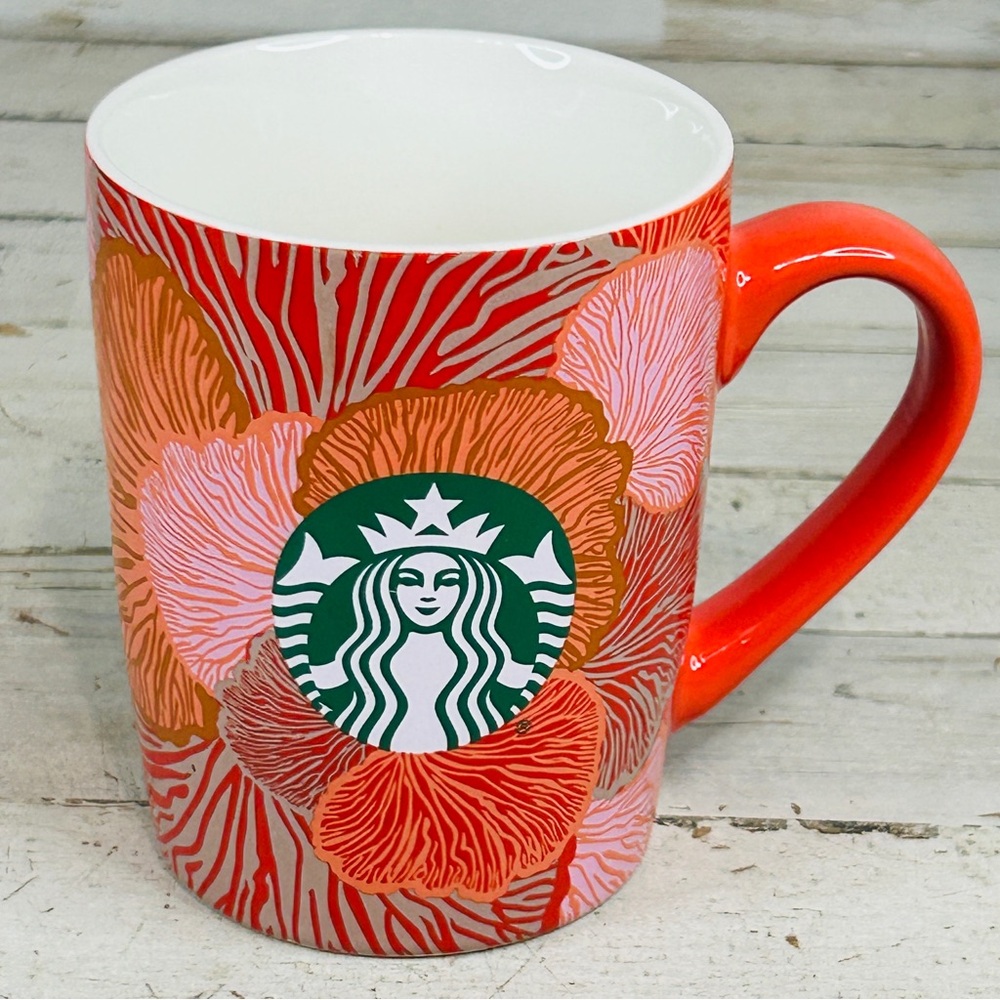 STARBUCKS 2021 Coral Orange Floral Logo Coffee Mug Cup 10 oz